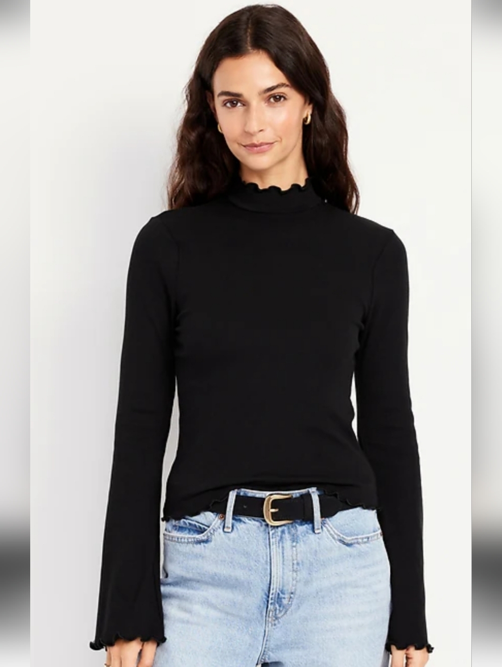 Fashion Nova Black Ruffle-Trim Long Sleeve Top